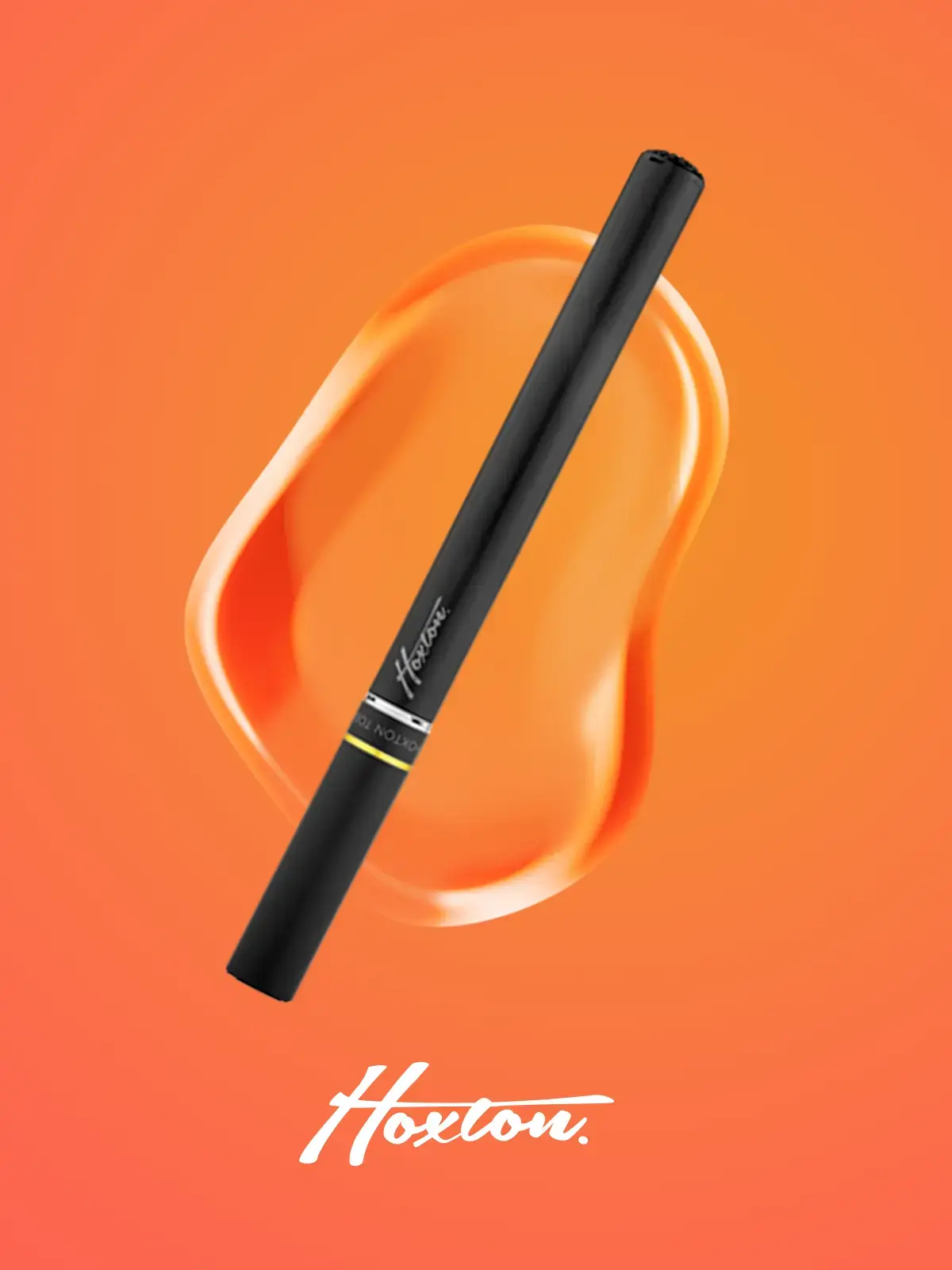 A Hoxton Black Edition cigalike device in front of a decorative orange background along with the Hoxton logo