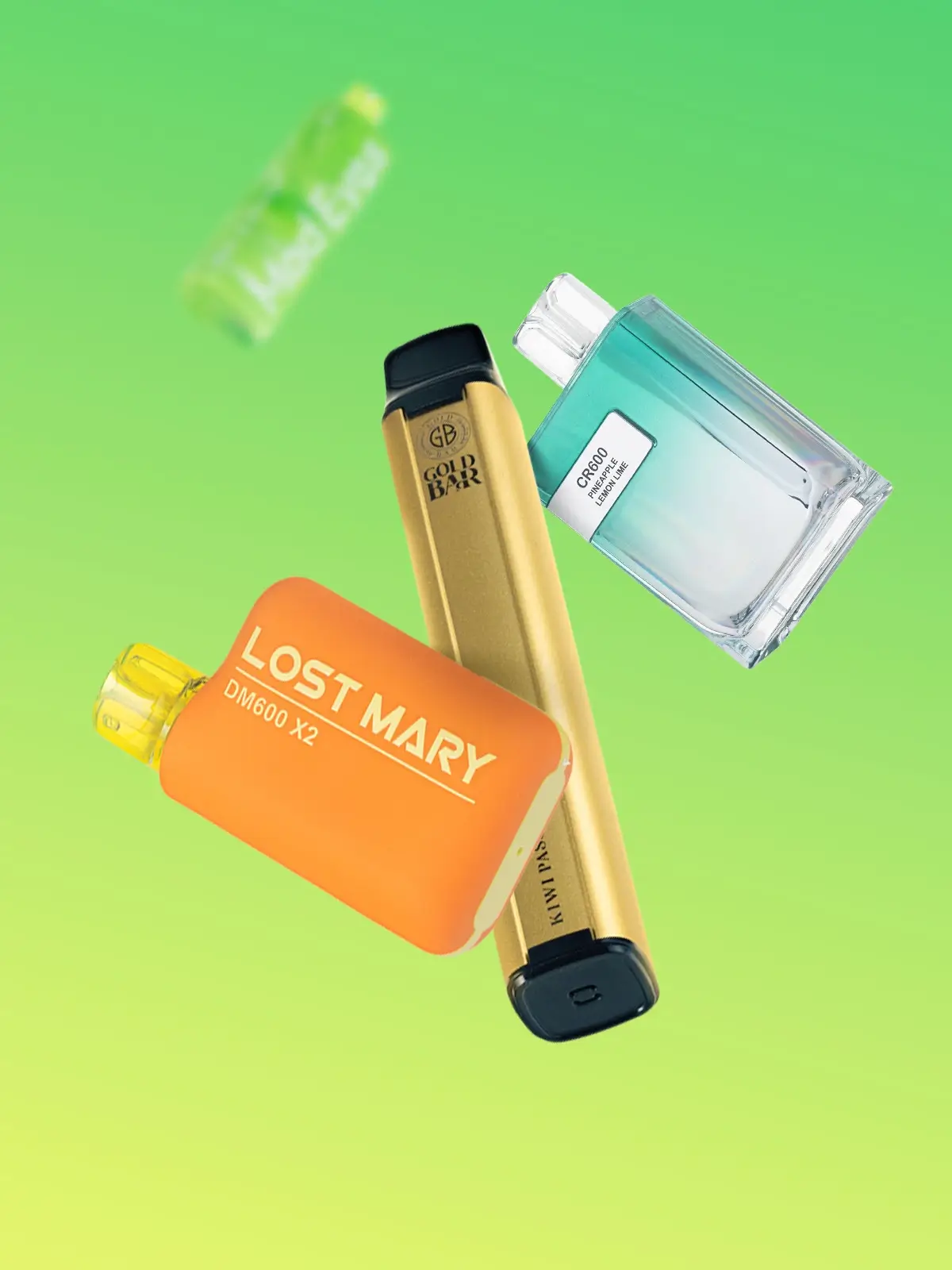 A collection of disposable vapes including Lost Mary and Gold Bar floating in front of a green/yellow background