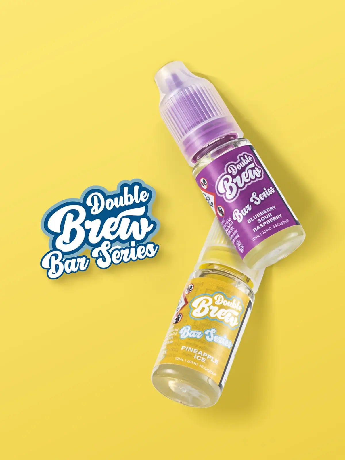 Two bottles of Ohm Brew Double Brew along with the collection's Logo floating in front of a bright yellow background