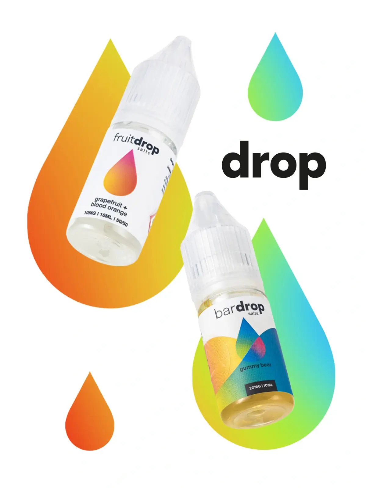 Two bottles of Drop E-liquid; Gummy Bear and Grapefruit + Blood Orange flavour, floating in front of a styled background with the Drop logo