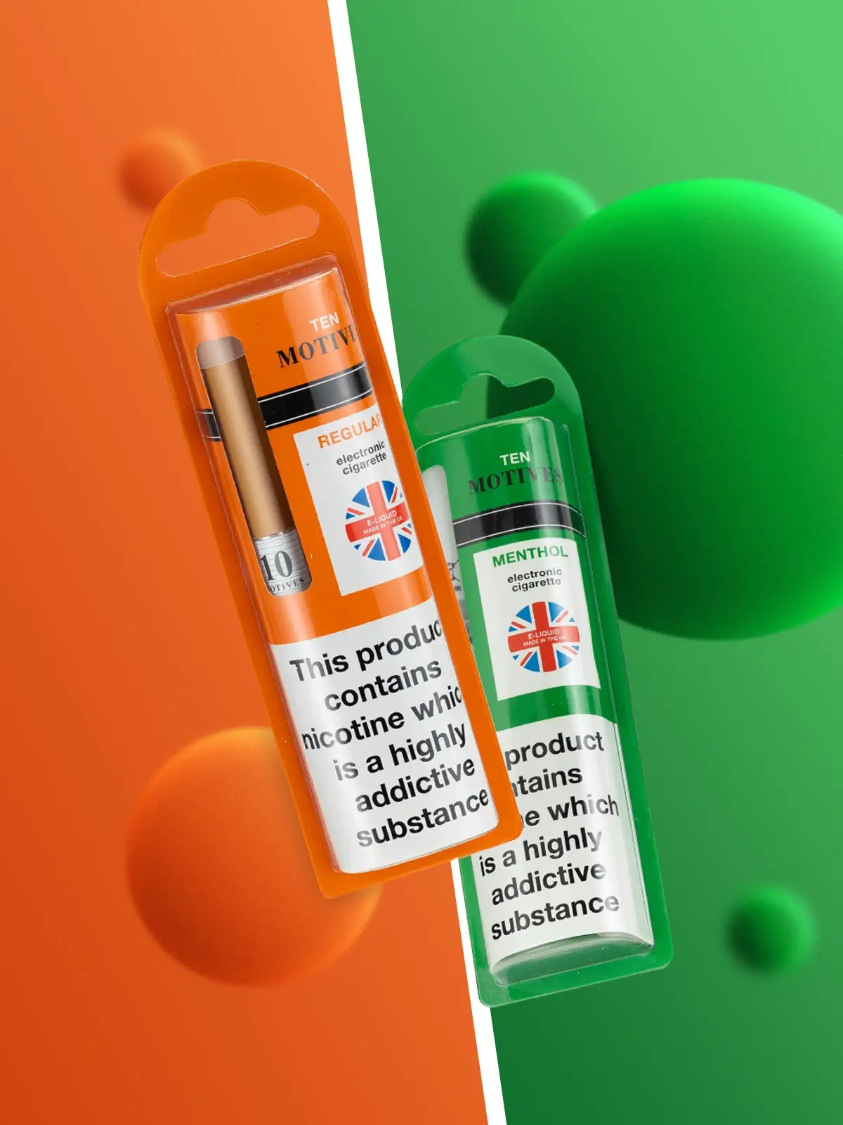 Two packs of Ten Motives disposable vapes in their packaging, floating in front of a half and half orange/green background