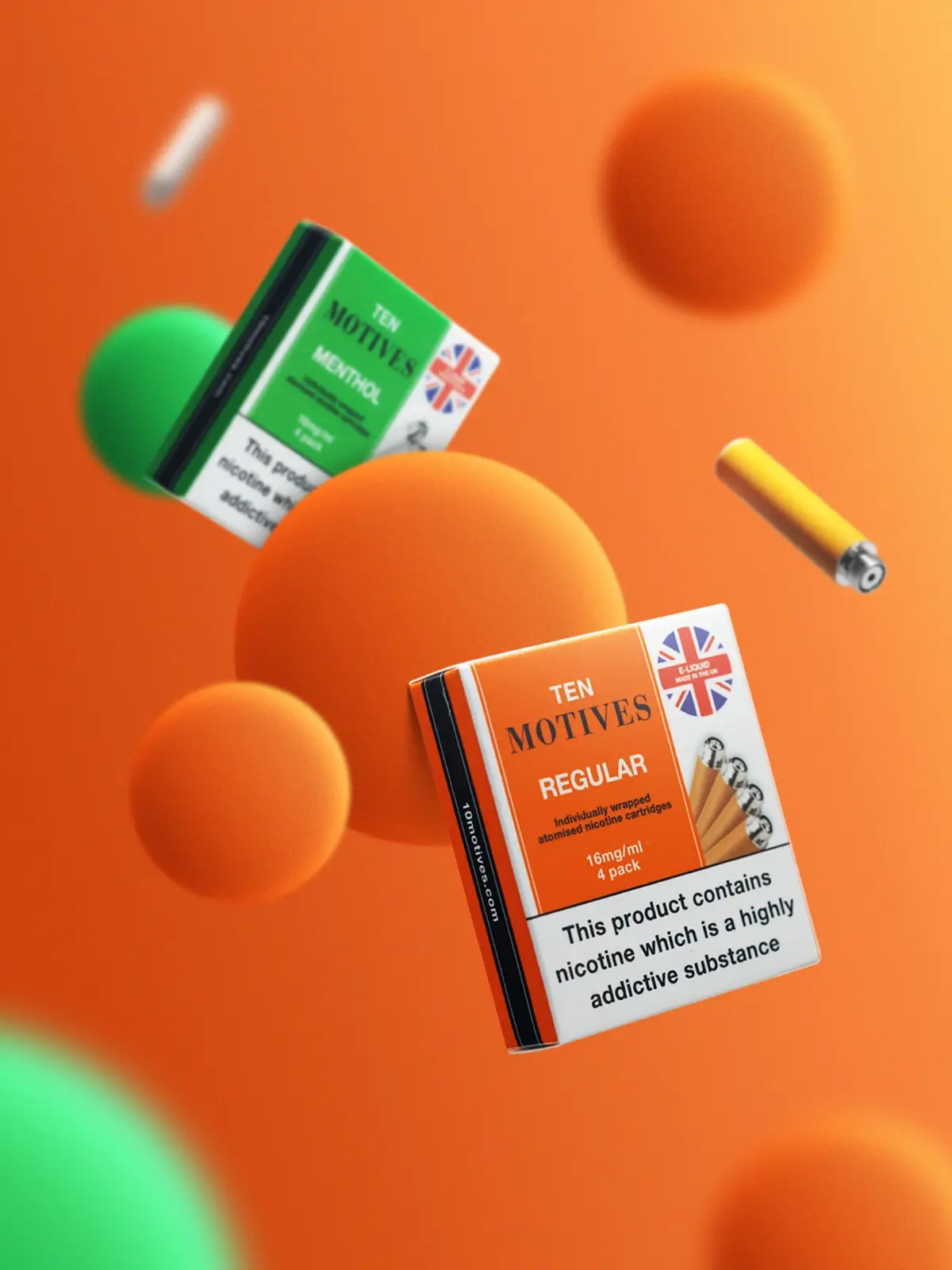 Two packs of Ten Motives refills, Regular and Menthol, floating in front of an orange background along with some loose refills