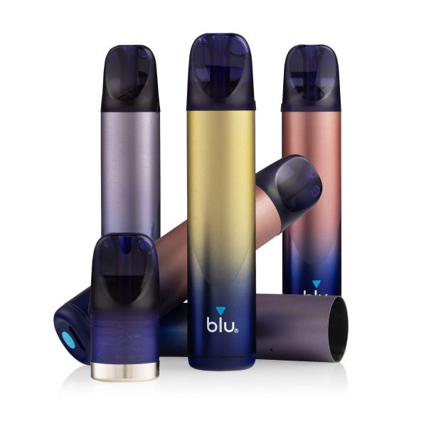 Three blu Bar kits stood up, with two blu Bar kits laid on their side with the pod removed, on a white background