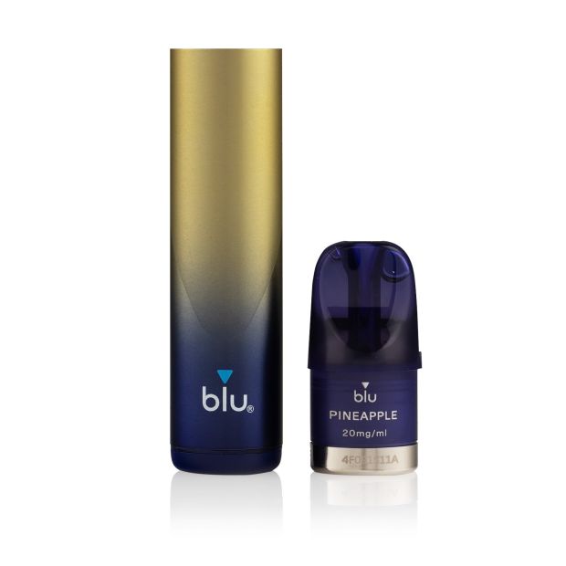 A yellow blu Bar kit shown with its 2ml Pineapple Ice pod on its right, on a white background
