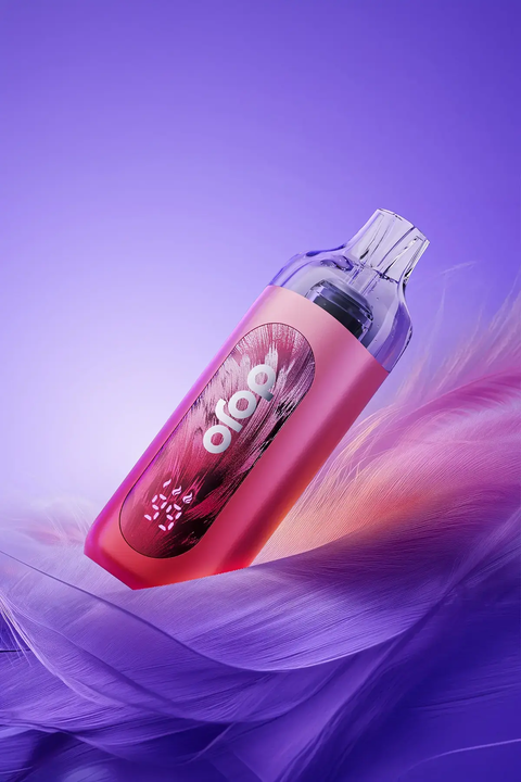 A pink Vaporesso Dojo Blast 30K Pro kit floating on a stylised purple and pink background