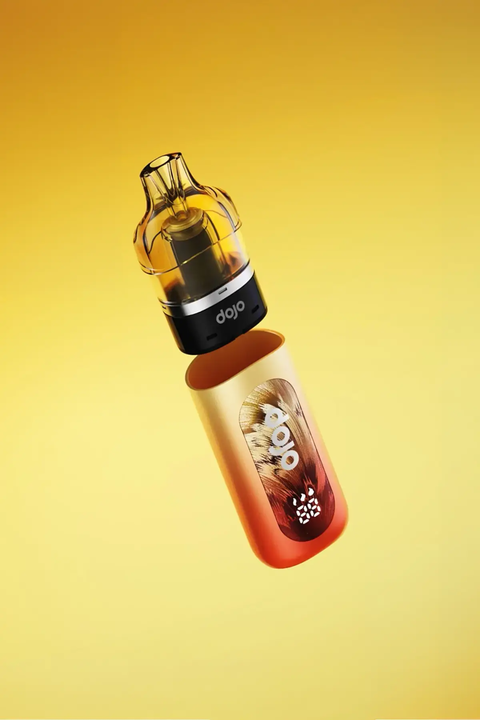 One orange-yellow Vaporesso Dojo Blast 30K Pro kit with the pod taken apart, floating on a yellow background