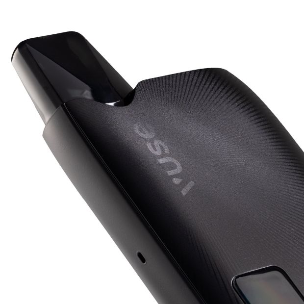 A close up of a black Vuse Ultra kit that shows the pod sitting in the device