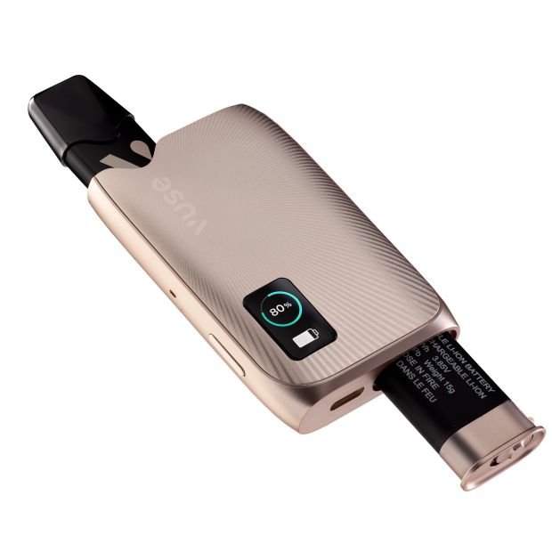 A rose gold Vuse Ultra kit with the battery slightly removed from it, on a white background