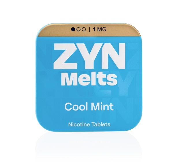 A pack of Cool Mint ZYN Melts in 1mg strength, sky blue packaging, on a white background.