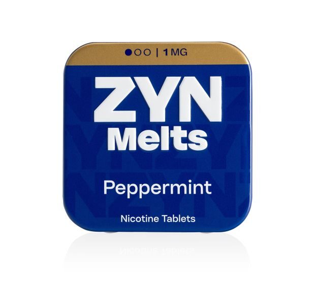 A pack of ZYN Melts Peppermint 1mg, navy packaging, on a white background