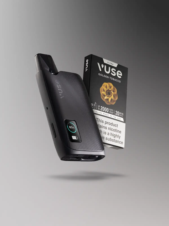 A black Vuse Ultra kit floating next to a pack of Vuse Ultra Golden Tobacco pods, on a stylised grey-white background
