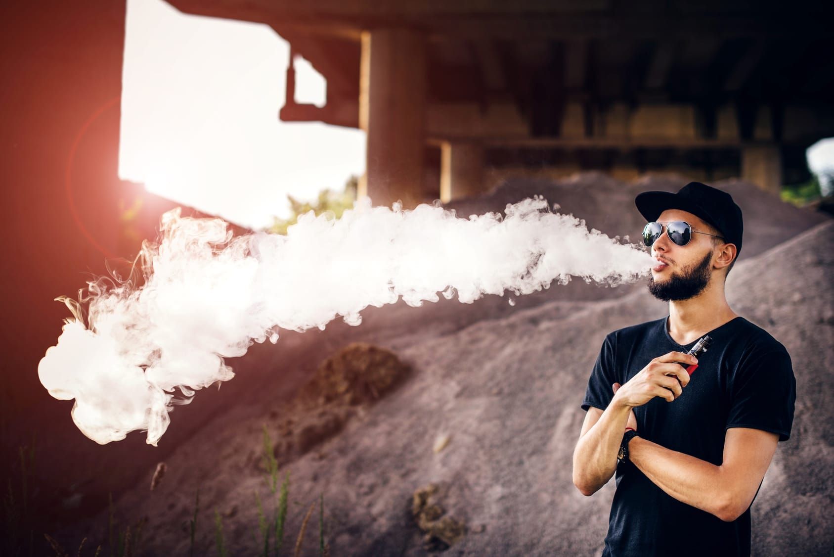 Men with beard vaping outdoor in sunglasses | E-Cig Starter Kits | Electric Tobacconist UK
