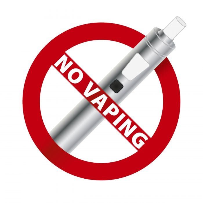 No Vaping sign. Vape silver electronic cigarette device. Vector illustration.