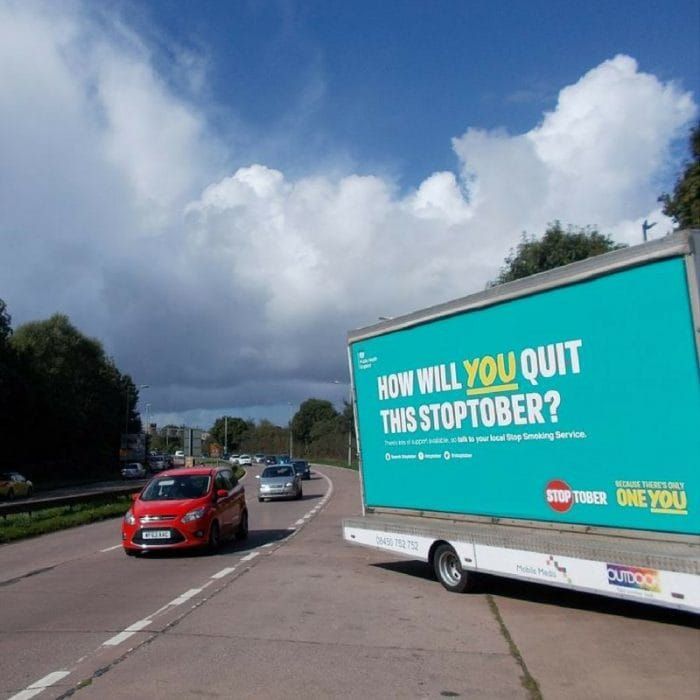 Road to Quitting Success: A Stoptober mobile billboard urging smokers to give up during October by, among other solutions, vaping instead. (Photo by Public Health Action)