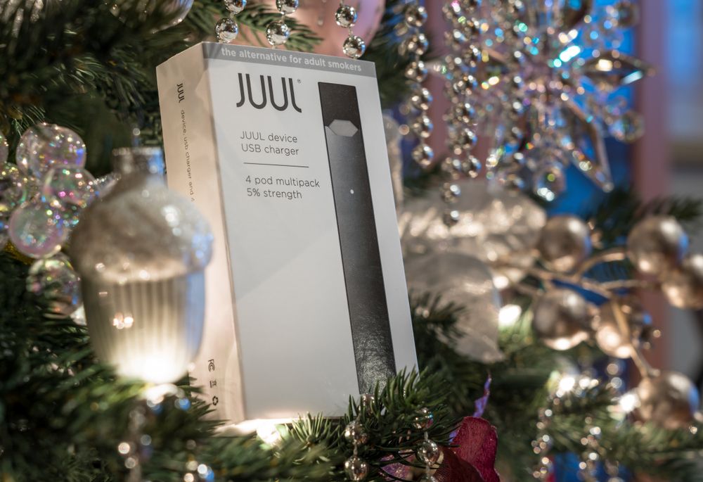 uul e-cigarette or nicotine vapor dispenser box on Christmas Tree