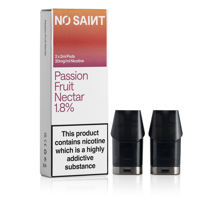 NO SAINT Passion Fruit Nectar pod packaging, with its two pods standing next to it.