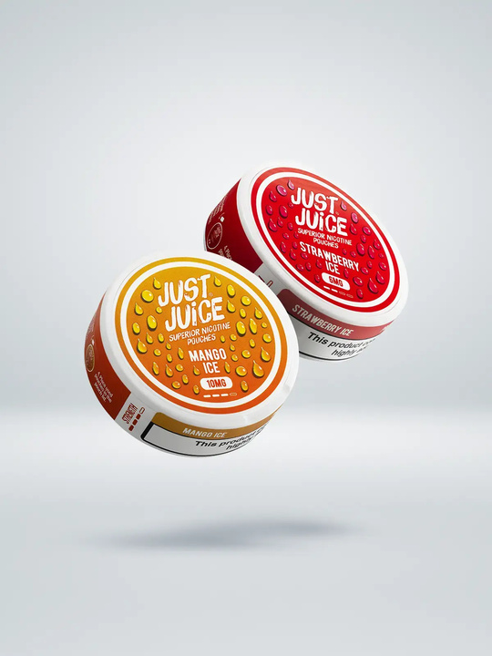 Two tubs of Just Juice nicotine pouches, one Mango Ice and one Strawberry Ice flavoured, floating side by side on a white background