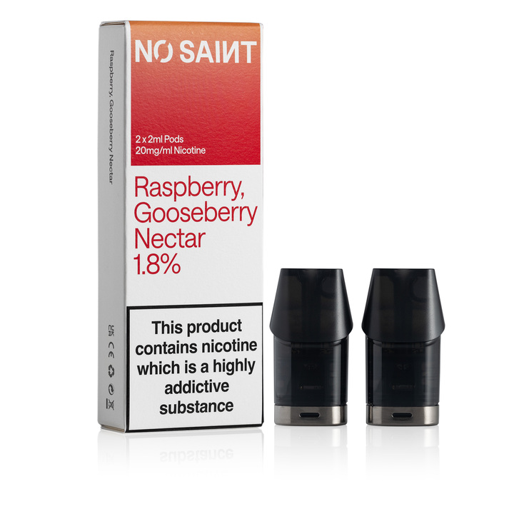 NO SAINT Raspberry Gooseberry Nectar pod packaging, with its two pods standing next to it.