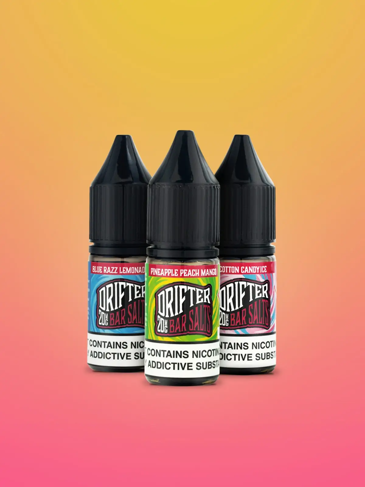Three bottles of Drifter e-liquid standing next to each other in front of a pink and orange background