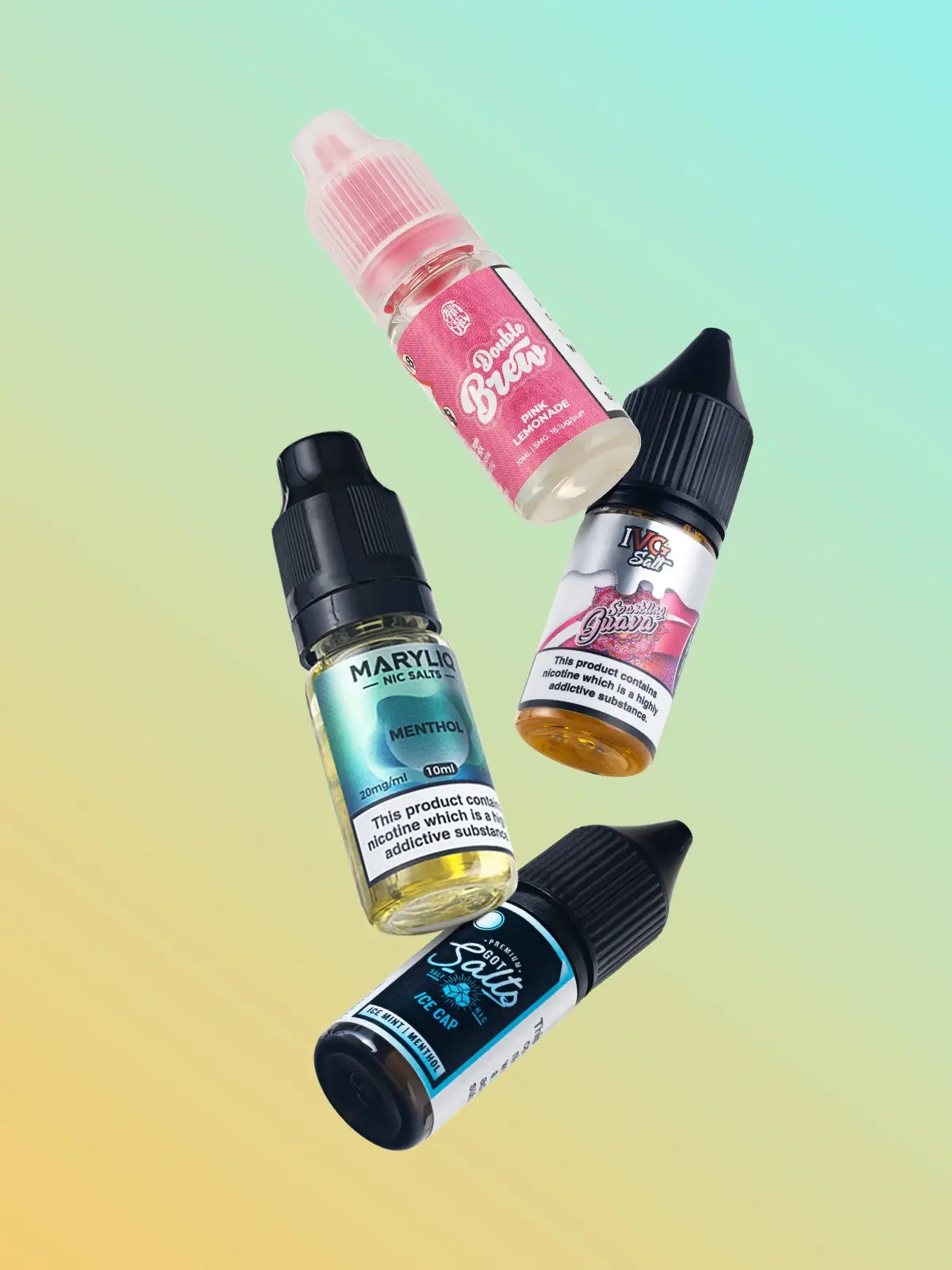 Four bottles of 5050 e-liquid floating in front of a blue and yellow background; Got Salts Ice Cap, Maryliq Menthol, Ohm Brew Pink Lemonade and IVG Salt Sparkling Guava