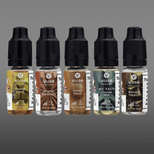 An image of five different bottles of VUSE E-Liquid. Featuring Tropical Punch, Original Strawberry, Classic Peach, Crushed Mint and Blended Tobacco