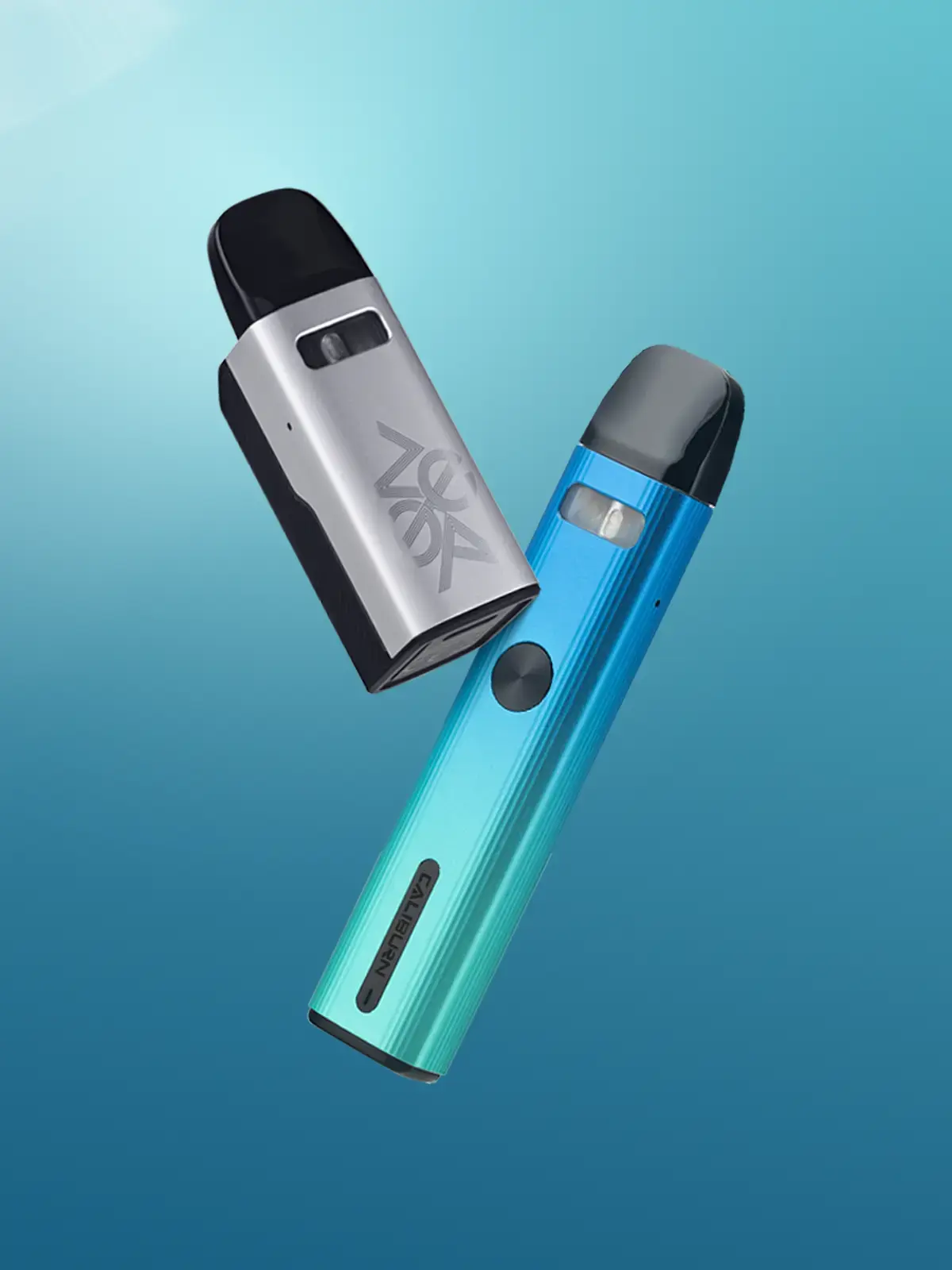A UWELL Caliburn GZ2 and UWELL Caliburn G2 floating in front of a blue background