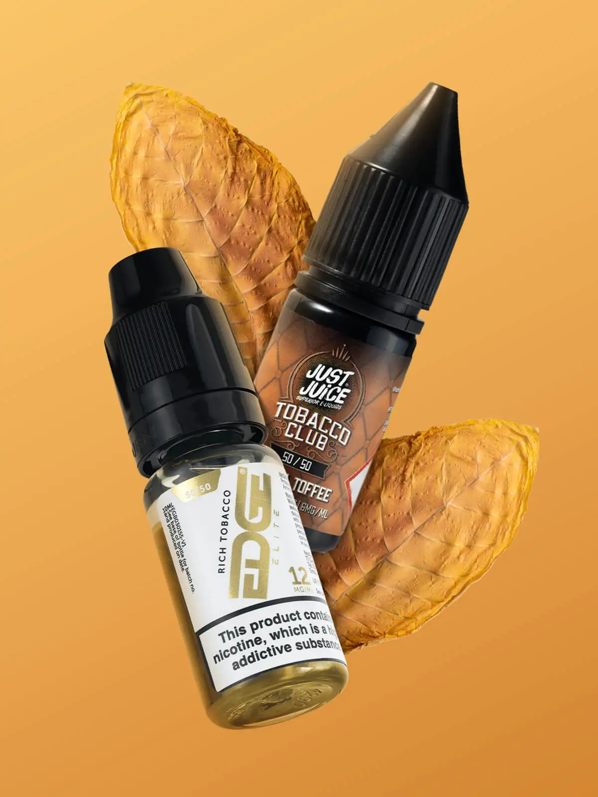 Two bottles of tobacco e-liquid; Edge Rich Tobacco and Just Juice Vanilla Toffee Tobacco, with tobacco leaves in front of a light brown background