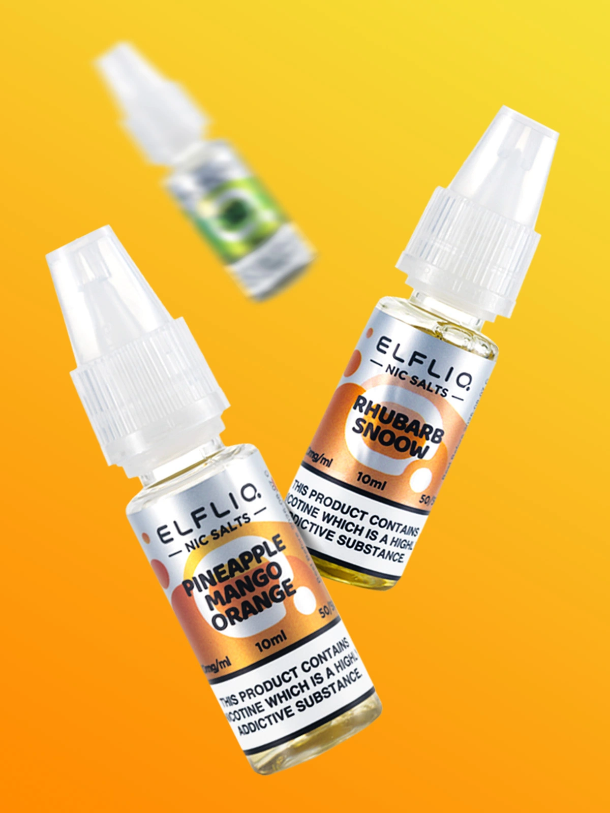 three bottles of Elfliq e-liquid including Pineapple Mango Orange and Rhubarb Snoow in front of an orange background