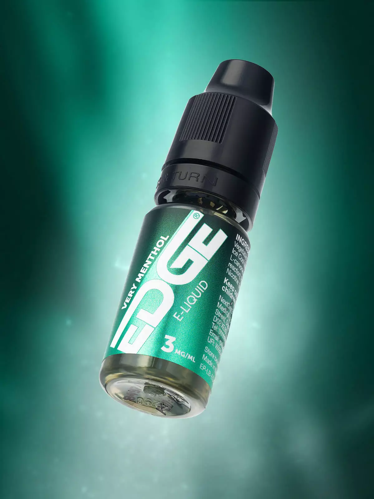 A bottle of Very Menthol e-liquid by Edge in front of a green background