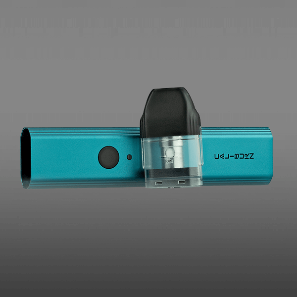 An image of a UWELL Caliburn in Blue, on its side with the refillable pod resting beside it
