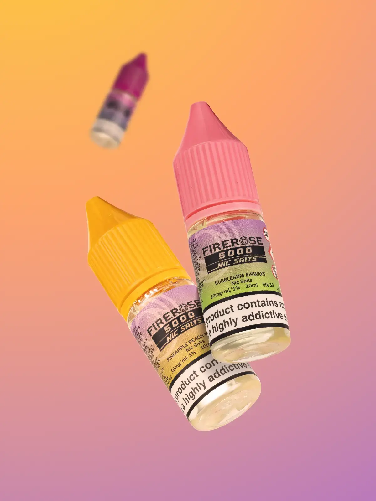 Three bottles of ELUX E-liquid, one out of focus and two in focus; Bubblegum Airways and Pineapple Peach Mango Firerose, floating in front of an orange and purple background