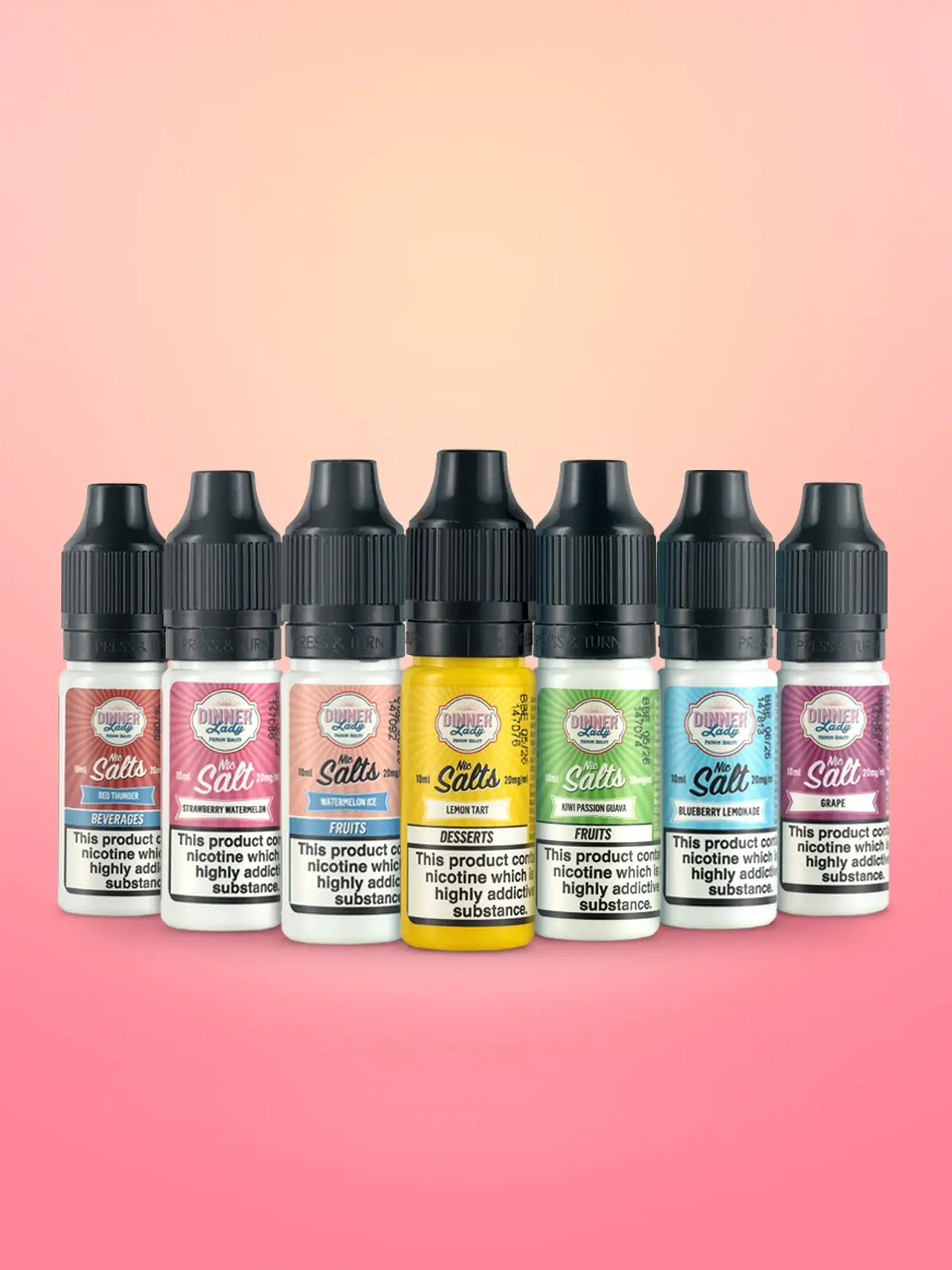 Seven bottles of various Dinner Lady e-liquids in a v-shape formation in front of a pink background