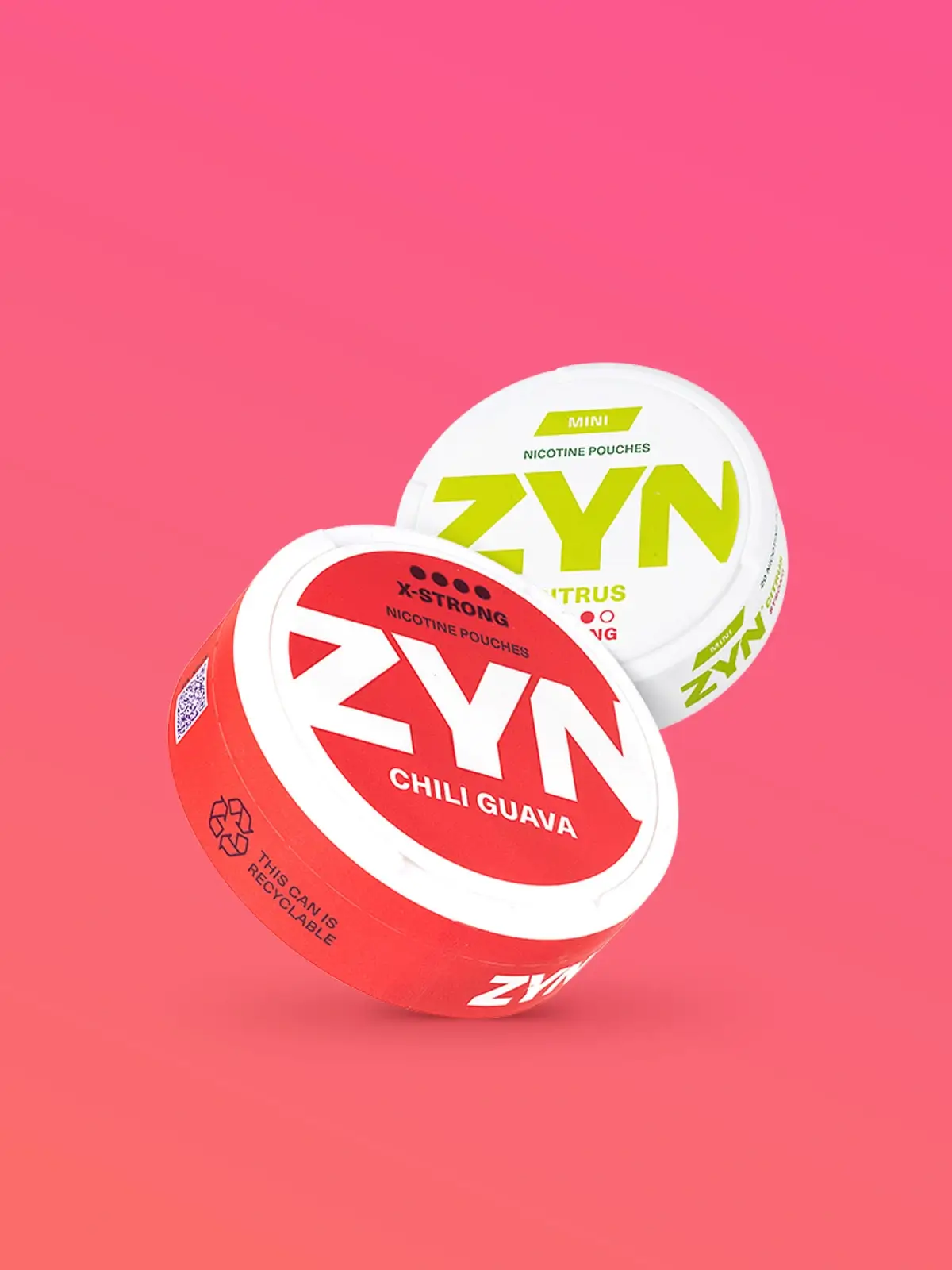 Two cans of ZYN nicotine pouches; one Chili Guava flavour and the other Citrus flavour, in front of a pink background