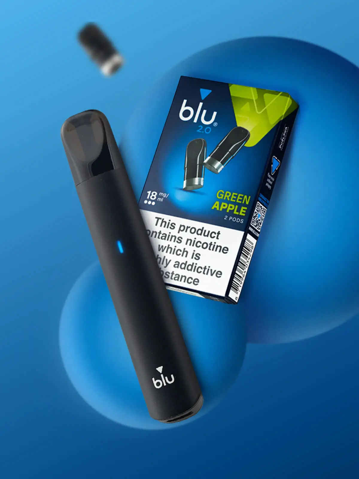 blu 2.0 device and a pack of blu 2.0 Green Apple pods floating in front of a blue background