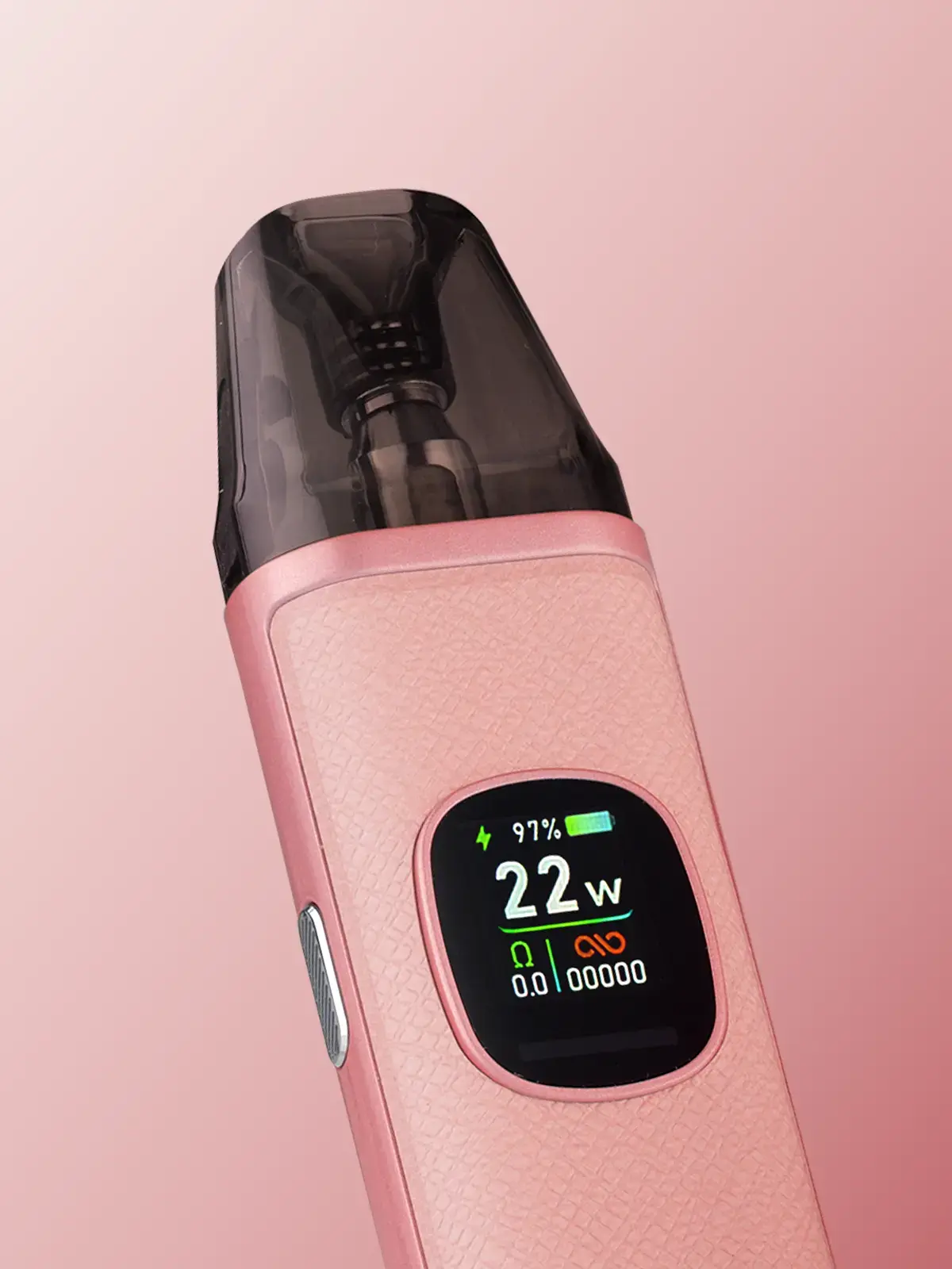 A close up of the LED screen on a pink OXVA XLIM Pro 2 kit, on a stylised pink background.