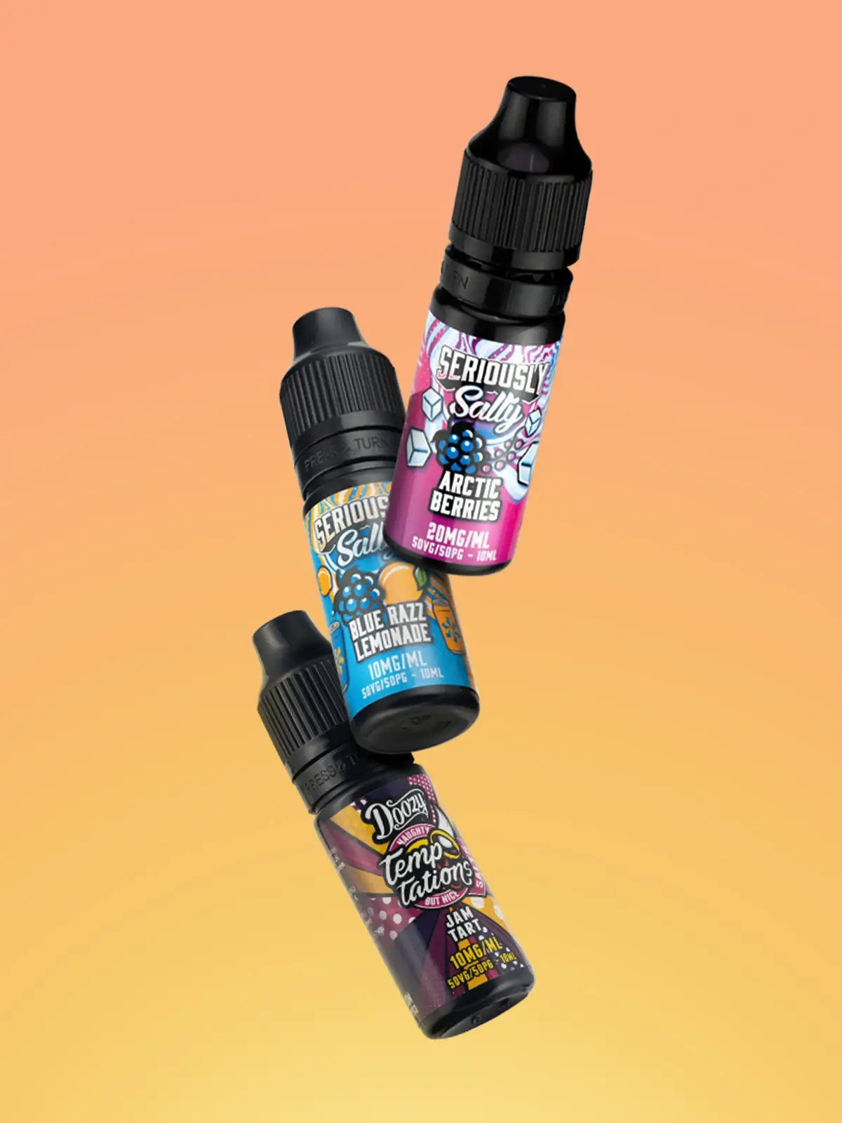 Three bottles of Doozy Vape e-liquid; Arctic Berries and Blue Razz Lemonade from the Seriously Salty collection and Jam Tart from the Doozy Temptations collection, floating in front of an orange and yellow background