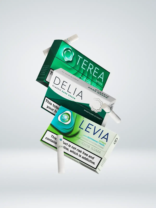 A pack of TEREA Green, DELIA Classic Dark Green, and LEVIA Citrus with Peppermint Pearl sticks floating on a white background