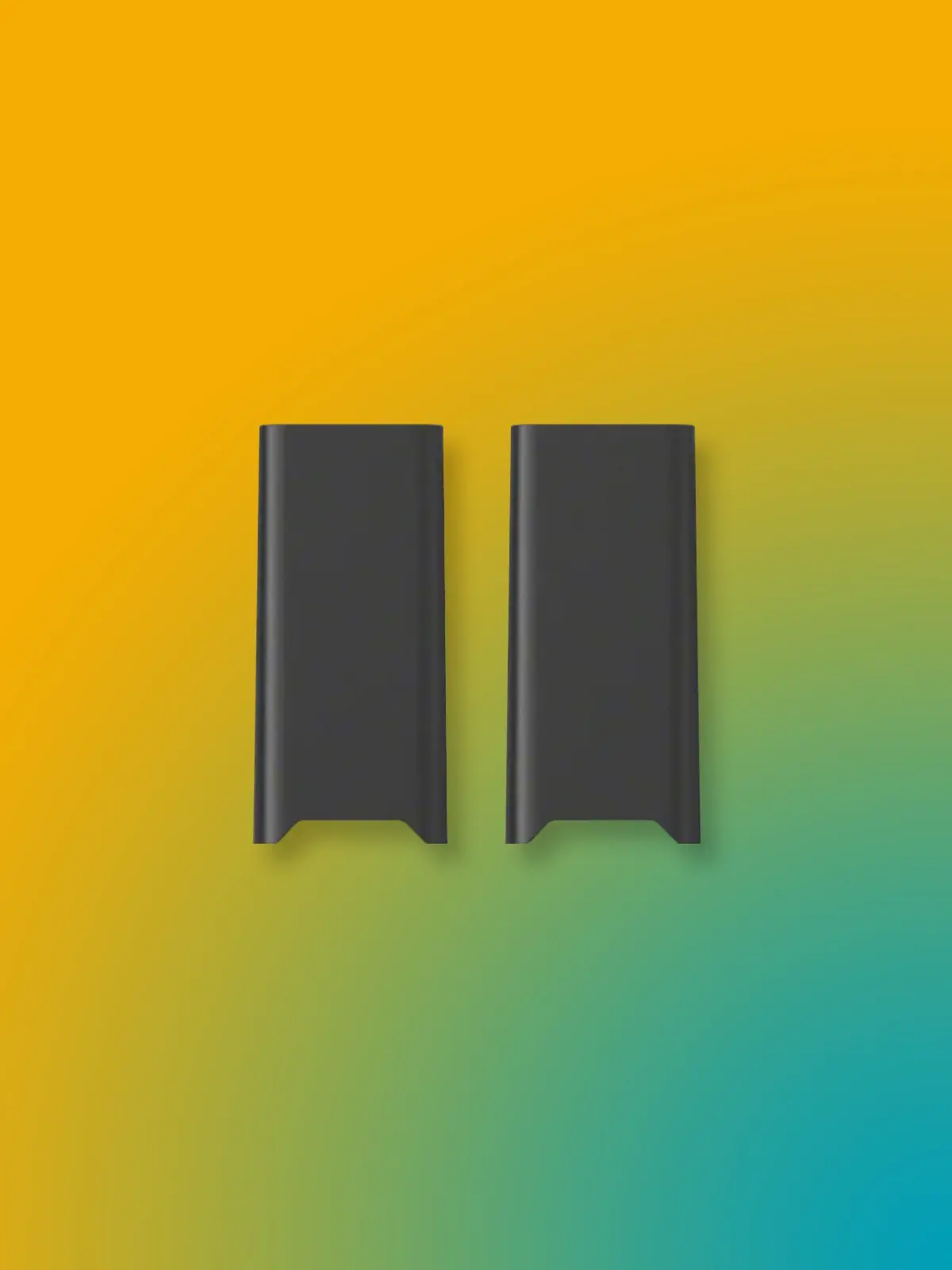 Two JUUL2 pods side-by-side in front of a gradient background with orange-yellow, green and blue