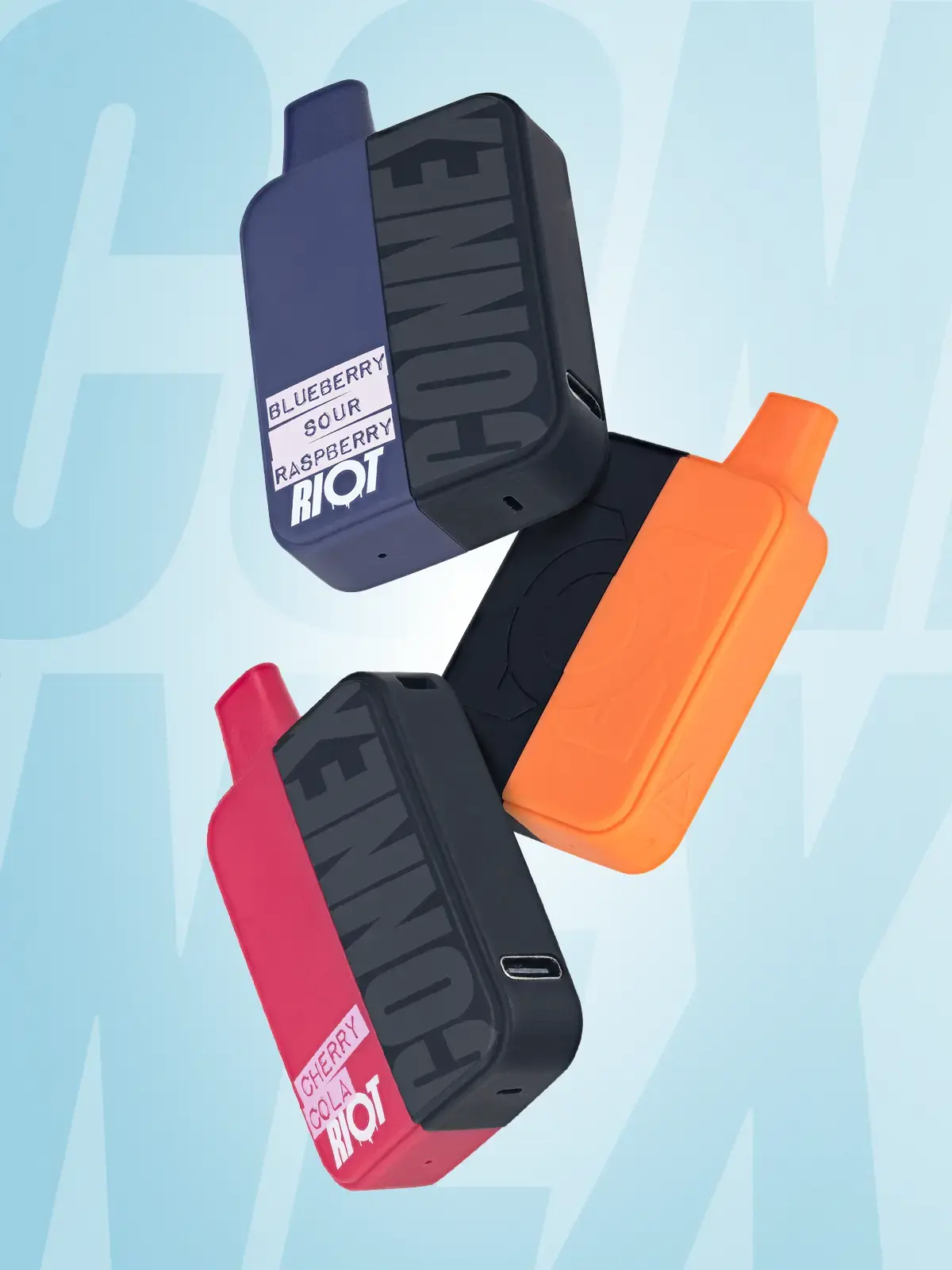 Three RIOT Connex devices with various flavors; Blueberry Sour Raspberry, Cherry Cola and Mango Peach Pie floating in front of a blue background