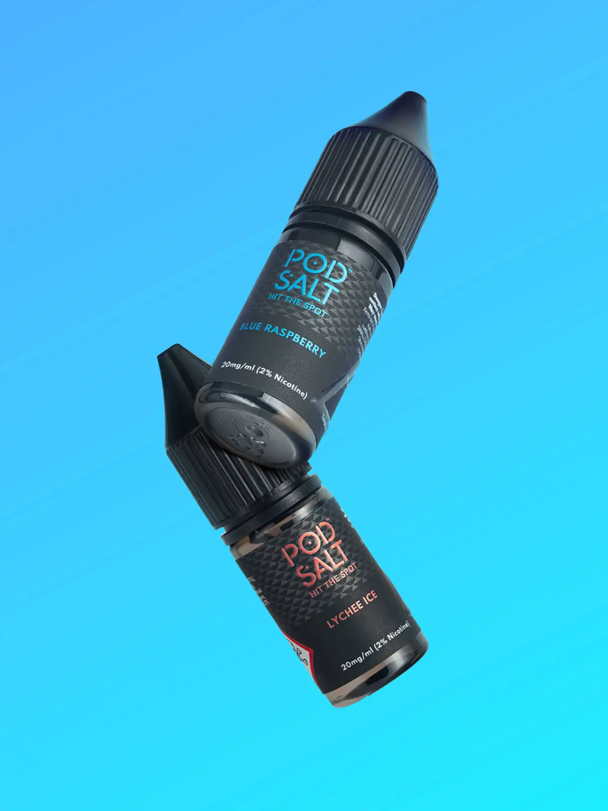 Two Pod Salt Core bottles of e-liquid in front of a blue background