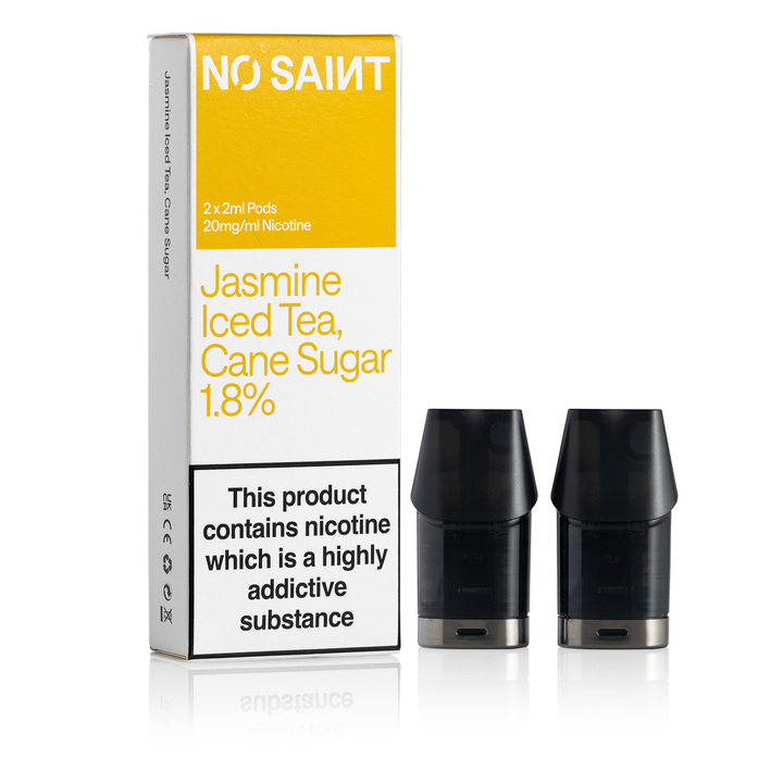 NO SAINT Jasmine Iced Tea Cane Sugar pod packaging, with its two pods standing next to it.