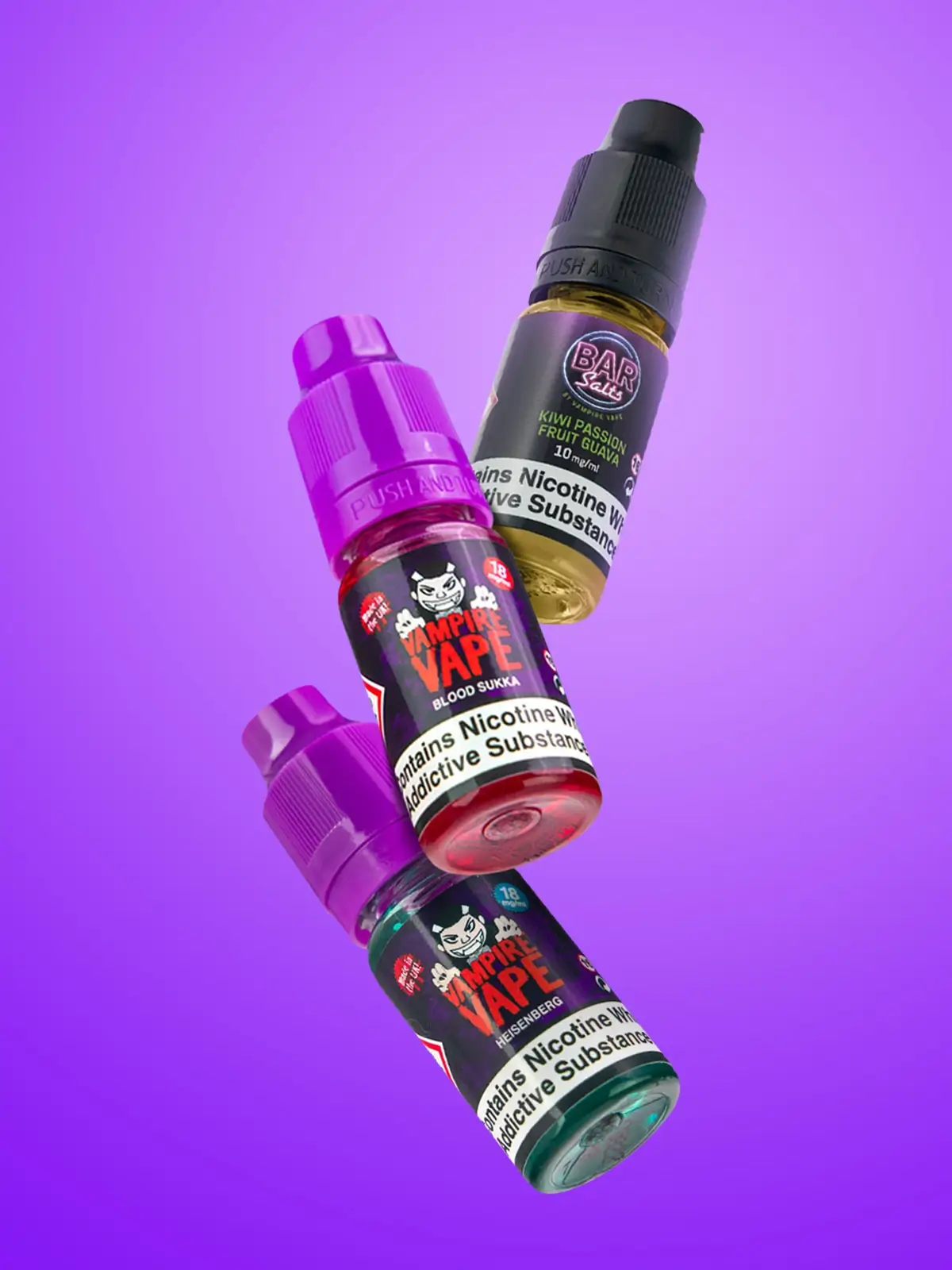 Three bottles of Vampire Vape e-liquid; Heisenberg, Blood Sukka and Kiwi Passion Fruit Guava from the Bar Salts range, floating in front of a purple background