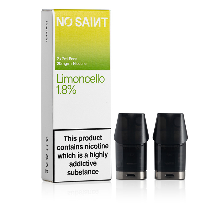 NO SAINT Limoncello pod packaging, with its two pods standing next to it.
