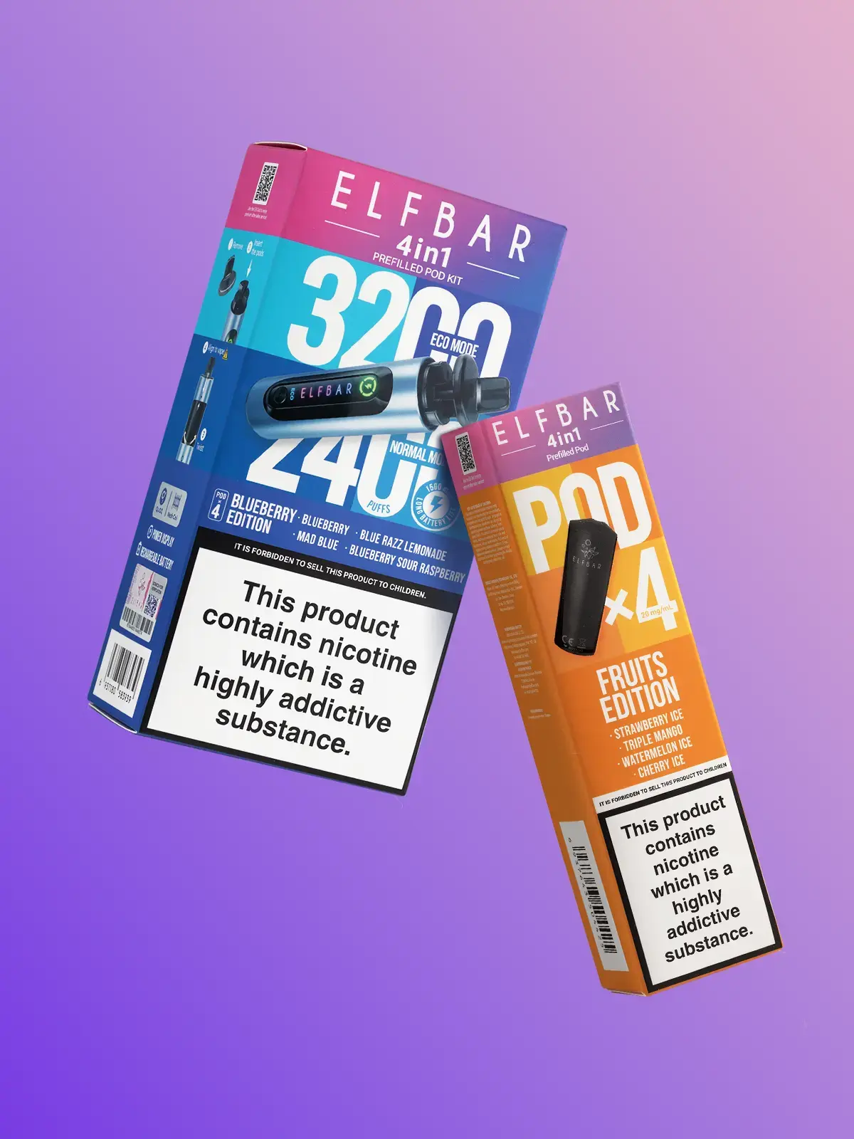 An Elf Bar 4 in 1 device kit in its box in Blueberry Edition, along with a pack of 4 