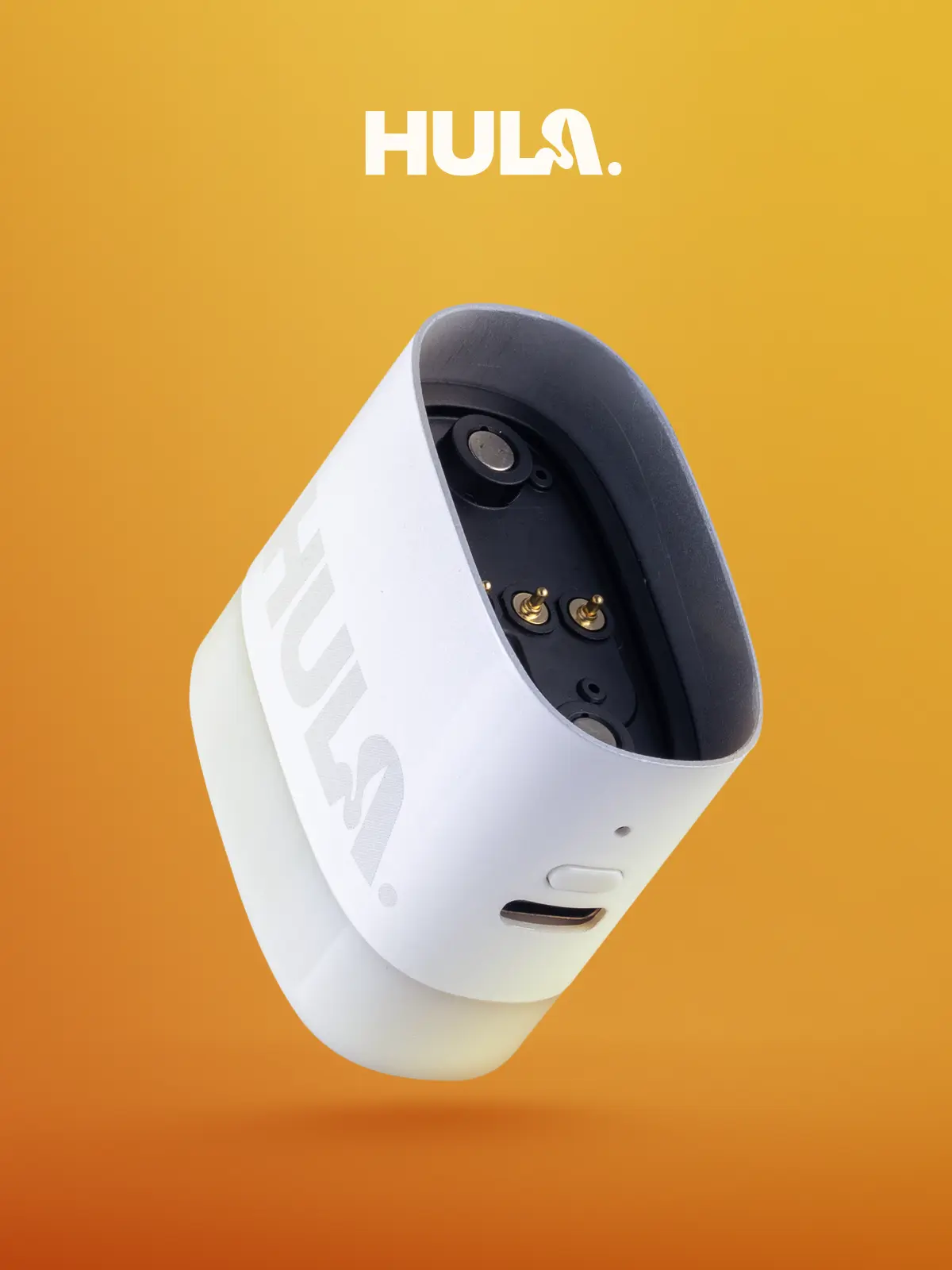 Top view of the HULA 7000 battery base without a pod, displaying the connection pins, airflow intake, and USB-C charging port against an orange background.