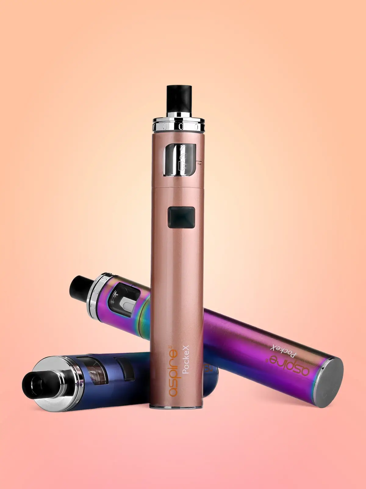 Three Aspire PockeX kits in various colours standing in front of a peach coloured background