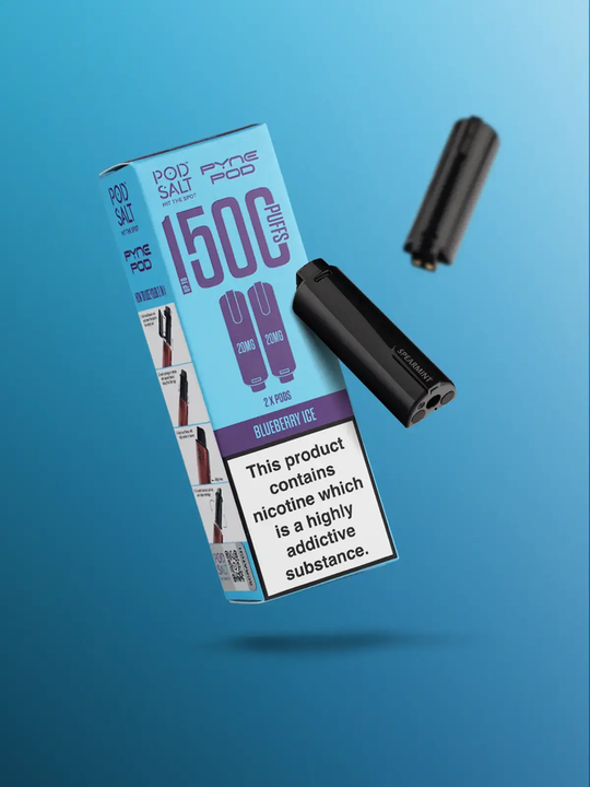 A pack of Blueberry Ice 2-in-1 Pyne Pod refills floating on a blue background.