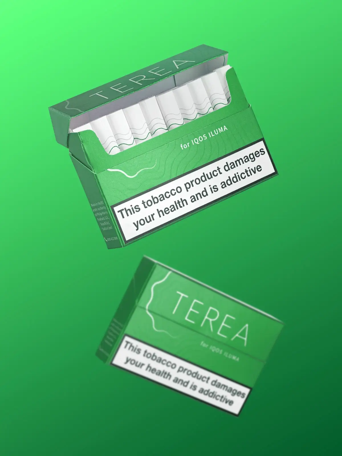 Two packs of IQOS TEREA Green floating in front of a green background