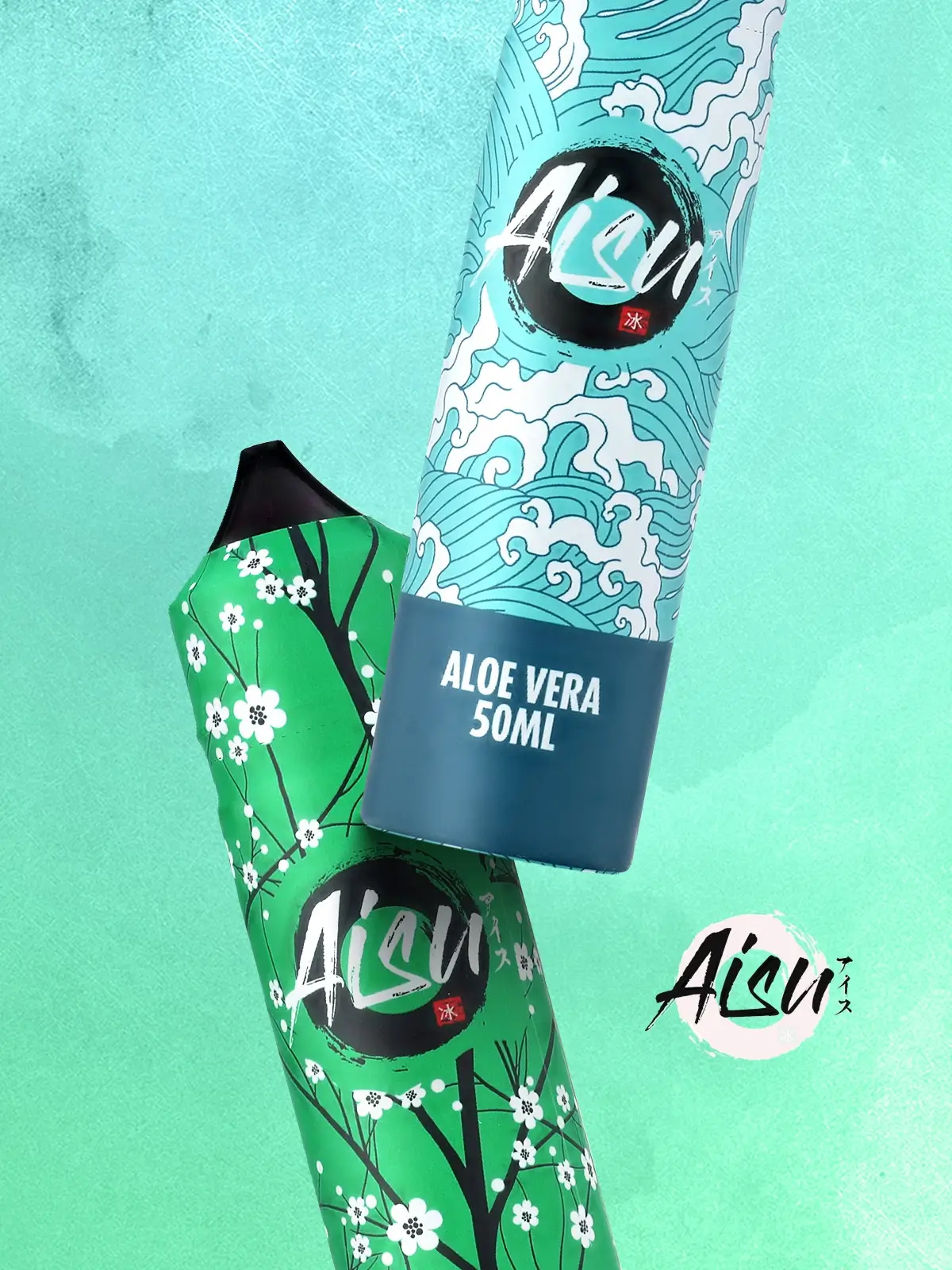 Two zoomed-in bottles of Aisu short fill e-liquid bottles with their signature Japanese-inspired designs, floating in front of a textured teal-coloured background