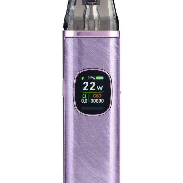 A close up of the LED screen on the OXVA XLIM Pro 2, which shows the wattage level, the battery level, the pod resistance, and the puff count.